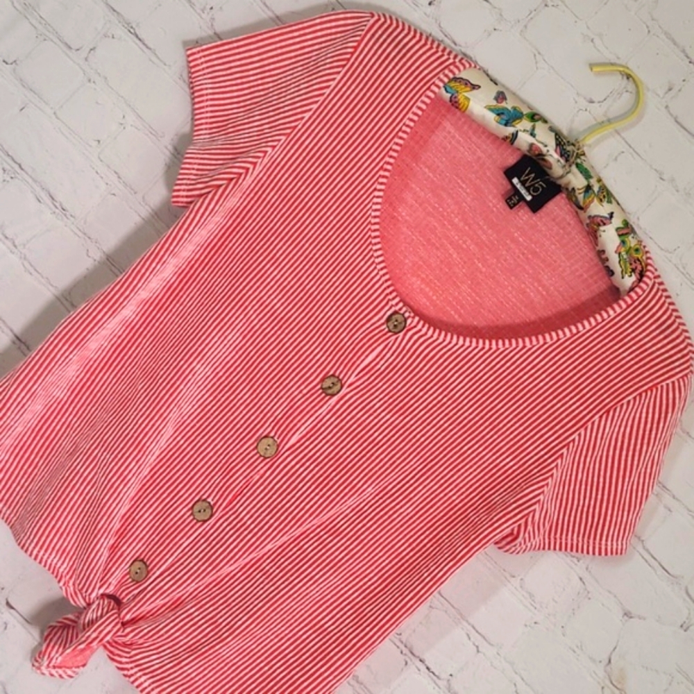 W5 Red & White Stripe Wood Button Front Tie Rockabilly Tee Tshirt Womens Size M - Picture 5 of 16